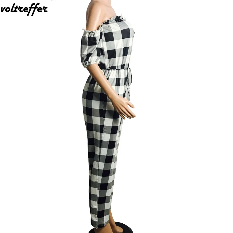 Plaid Printed Macacao Feminino Curto Sexy One Piece Jumpsuits And Rompers For Women Off Shoulder Overalls Backless Ruffles 2018 | Женская