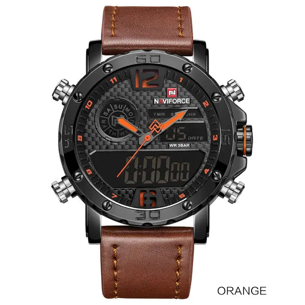 Orange Модные часы NAVIFORCE, мужские, люксовый бренд, кварцевые наручные часы, мужские, повседневные, кожа, 30 м, водонепроницаемые, двойной дисплей, Relogio Masculino - Цвет: Orange