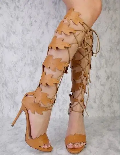 Top New Brand Woman Solid Brown White Color Pu Good Quality Leaves Decoration Peep Toe Cross Lace Up Zipper Back Knee Long Boots | Обувь
