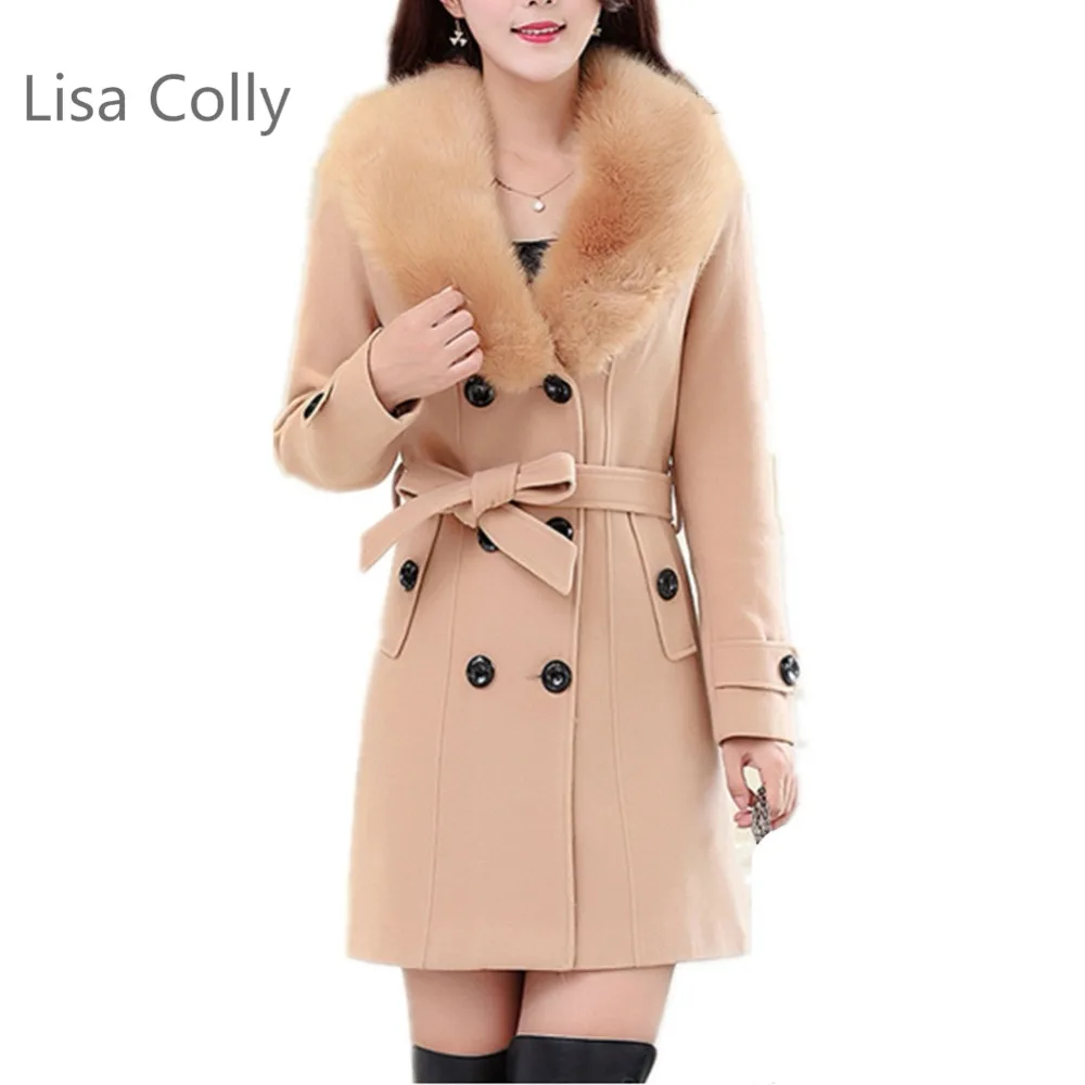 

Lisa Colly Plus 5xl New winter coat Jacket women Long sleeve Fur Collar Double Breasted Woolen coat overcoat Warm outerwear