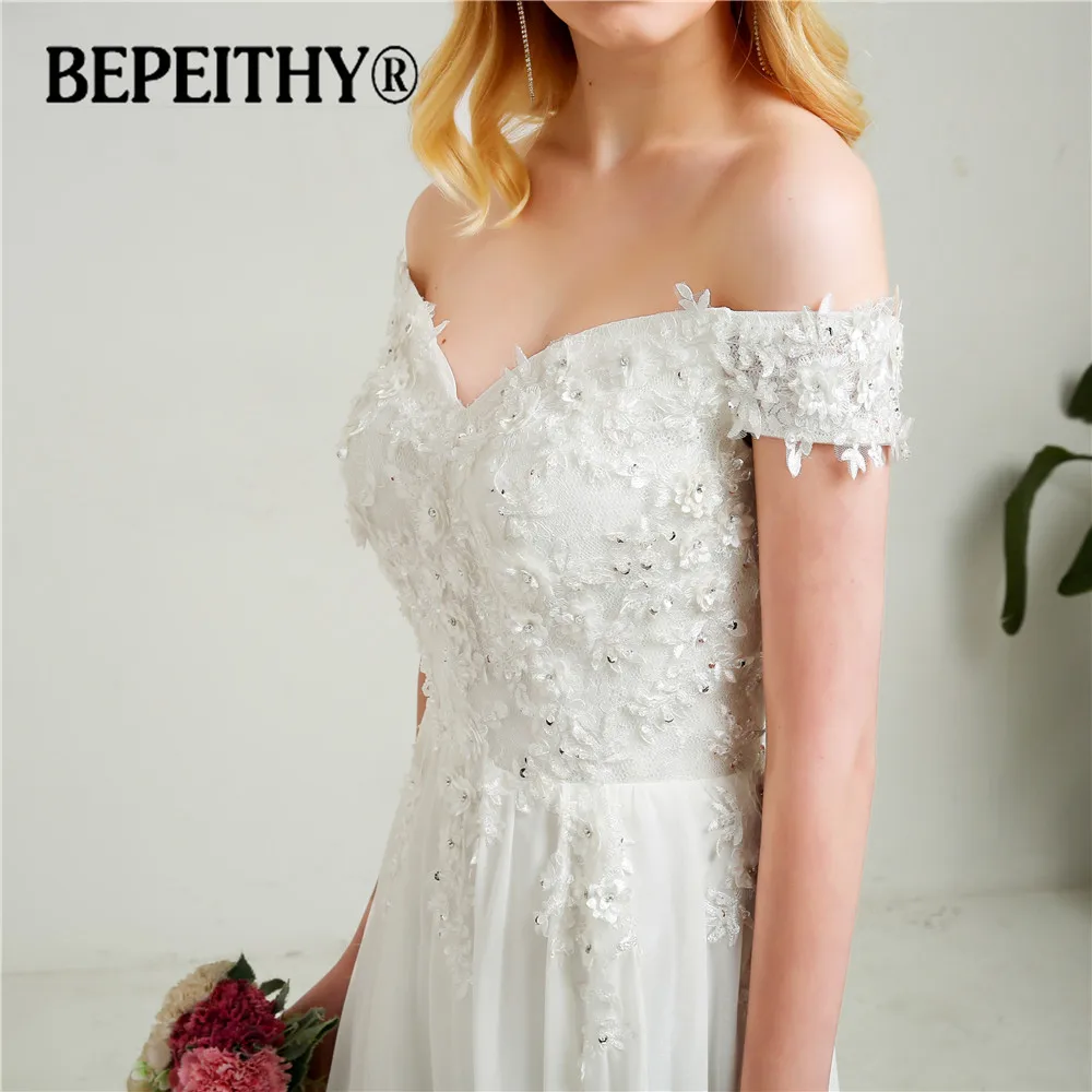 BEPEITHY Новое поступление свадебное платье цветочный топ с открытыми плечами сексуальные пляжные свадебные платья со шлейфом Vestido De Novia