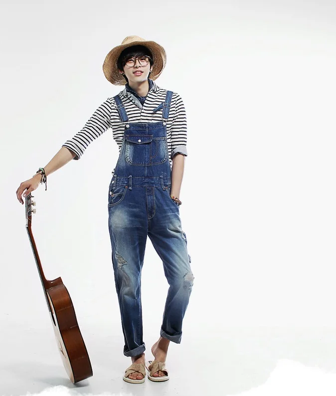

Casual Men's Slim Hole Overalls Mens Original Retro Pocket Jumpsuits Male Blue Denim One-piece Jeans Huge Denim Bib Pants 5XL