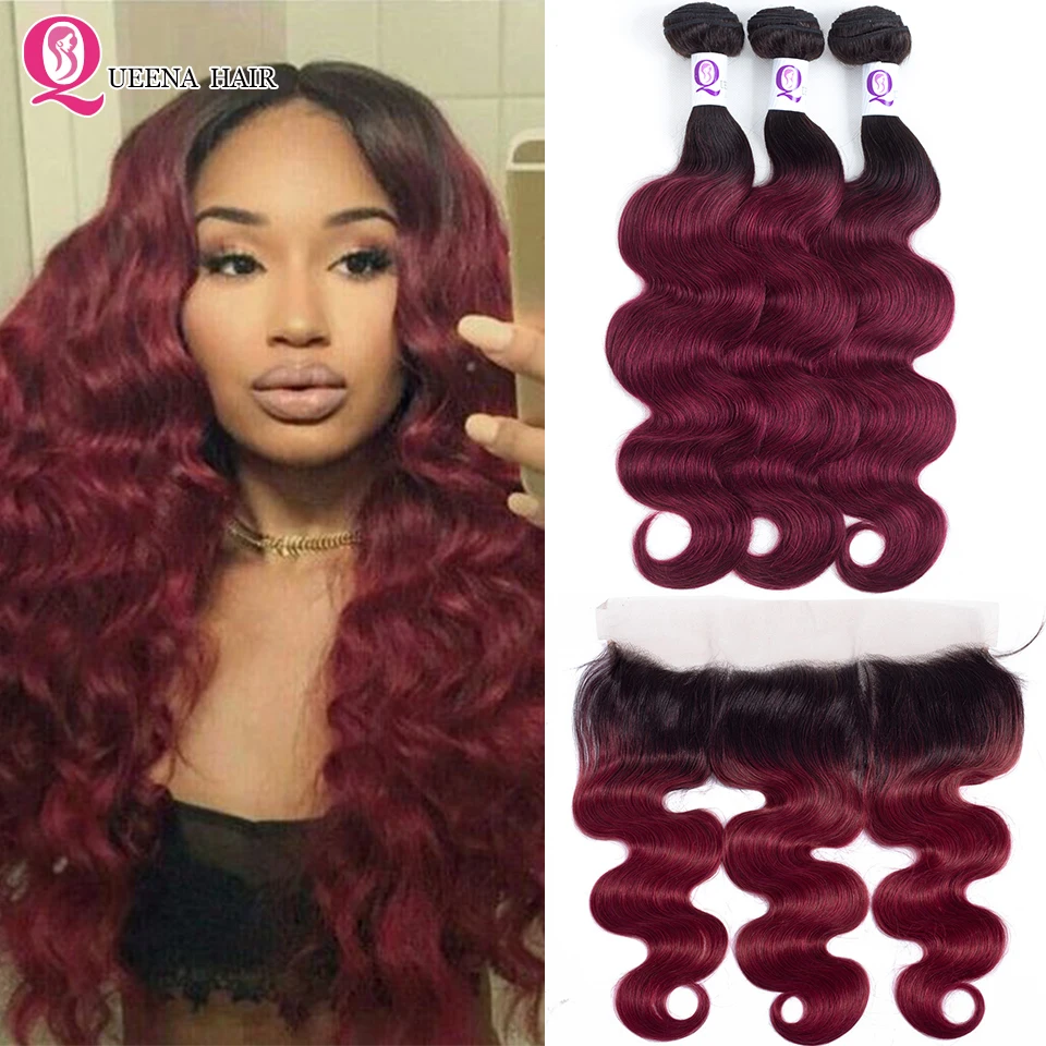 Ombre Burgundy Bundles With Frontal Closure Peruvian Human Hair Bundles With Frontal Closure Remy Body Wave Bundles With Frontal