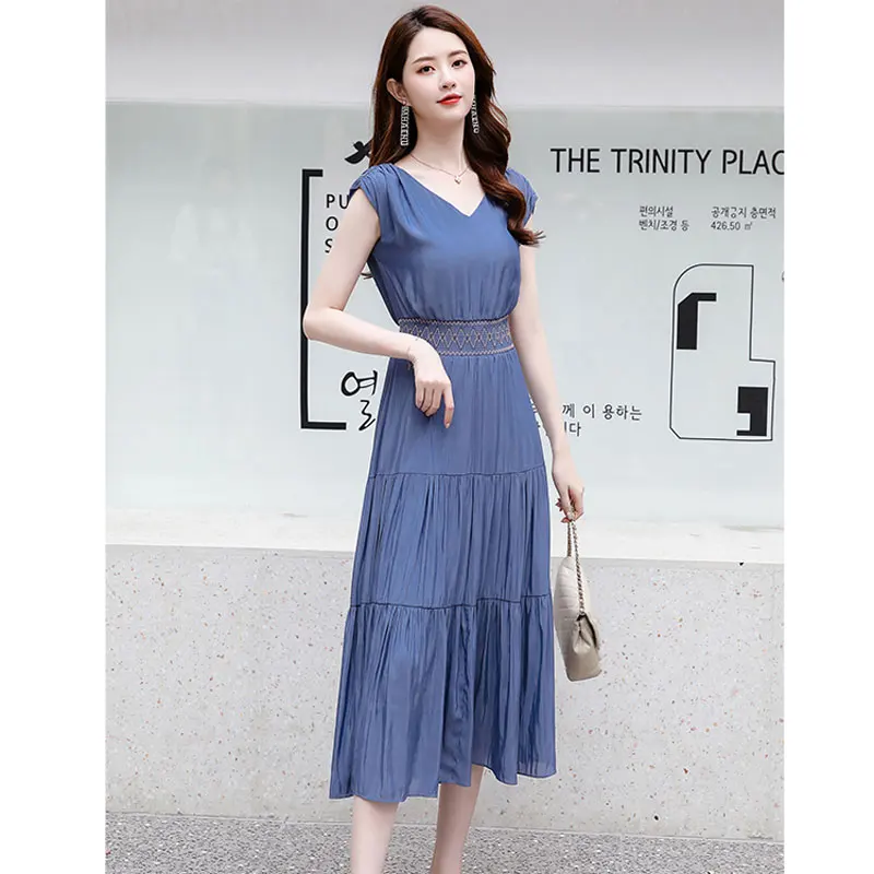 Женское платье большого размера лето 2019 новое тонкое стройнящее одноцветное