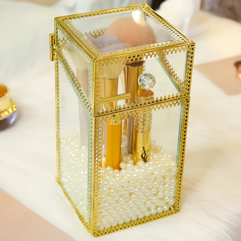Органайзер для кистей макияжа золотистый с жемчугом|acrylic box|makeup organizeracrylic makeup organizer