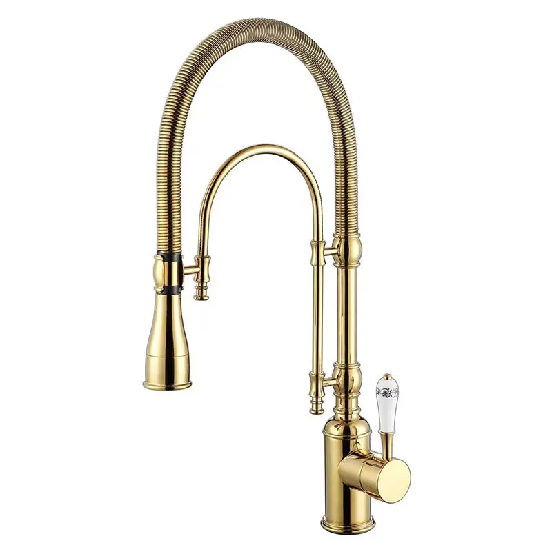 

Kitchen Faucet Gold Sink Mixer Tap Hot & Cold Total Brass Kitchen Crane Pull Out Spring Spout Single Handle Rotating Kitchen Tap
