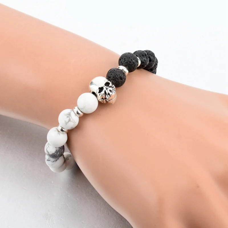 Attrattto Новый Череп из природного камня браслеты для женщин Lava Beads эластичный