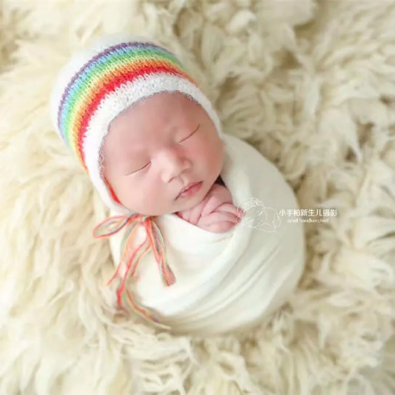 Pastel Newborn Rainbow Hat Cute Baby Girl Bonnet Knit Mohair Infant Cap Beanie Photography Props | Детская одежда и обувь