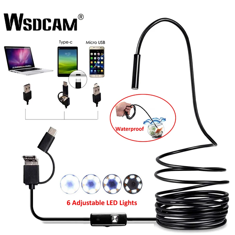 Endoscope Camera 7MM 3 in 1 USB Mini Camcorders WSDCAM IP67 Waterproof 6 LED Borescope Inspection Camera For Windows PC Android