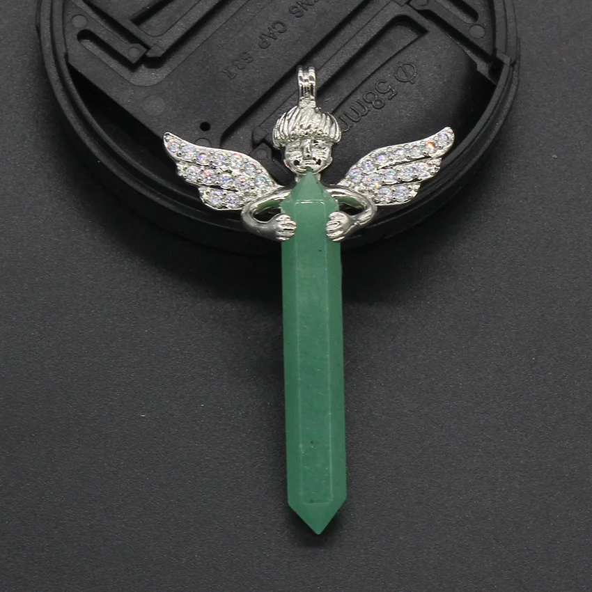 

100-Unique 1 Pcs Silver Plated Hexagon Prism Natural Green Aventurine With Angel Pendant For Gift Fashion Jewelry