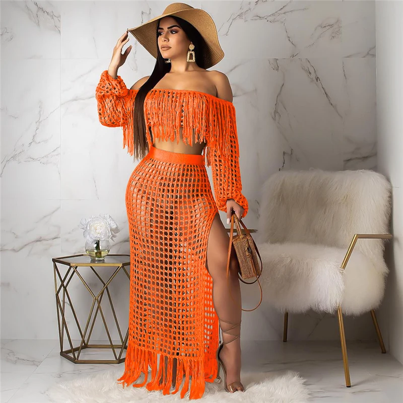 PinePear ажурные кисточкой See Through укороченный топ с длинными рукавами+ юбка макси комплект из 2 предметов женский купальник, пляжная одежда дропшиппинг