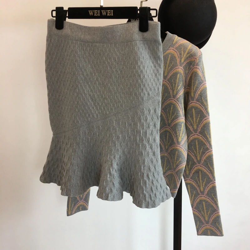ALPHALMODA осень-зима с рисунком вязаный свитер+ юбка русалки женский комплект одежды из 2 предметов OL Повседневный вязаный костюм с юбкой