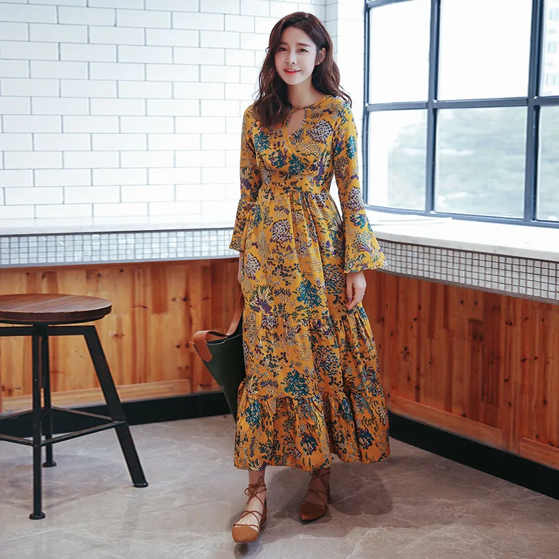 2017 весна женщины dress vintage элегантные длинные flare рукавом vestidos ретро midi шифон