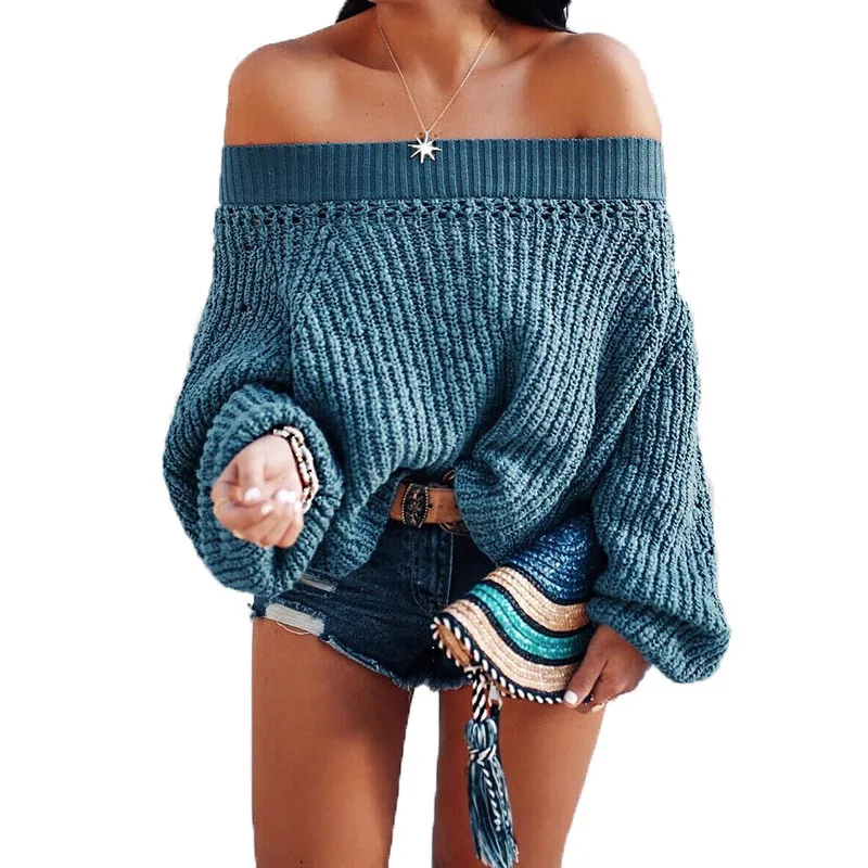 

sexy women sweaters computer knitted blue solid lantern sleeve pullover slash neck 2019 autumn hot sale sweaters