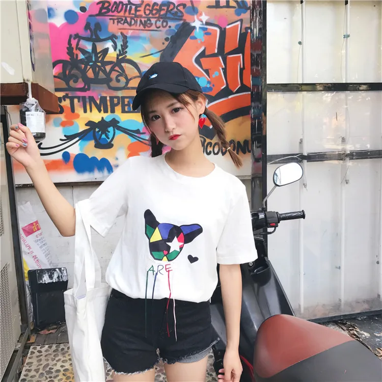 2017 новый прибыл женщины мило с коротким рукавом рубашки хлопок o шея мультфильм