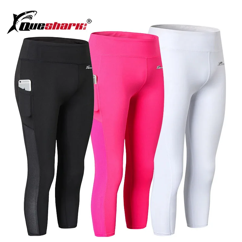 

Queshark Fitness Women Long Yoga Pants Seamless Leggings High Waist Slim Tights Running Cropped Pants With Side Pocket
