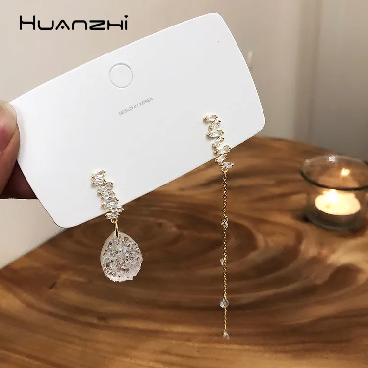 HUANZHI трендовые Асимметричные Кристальные циркониевые полупрозрачные дизайнерские Элегантные длинные висячие серьги для женщин и девушек свадебные подарки ювелирные изделия