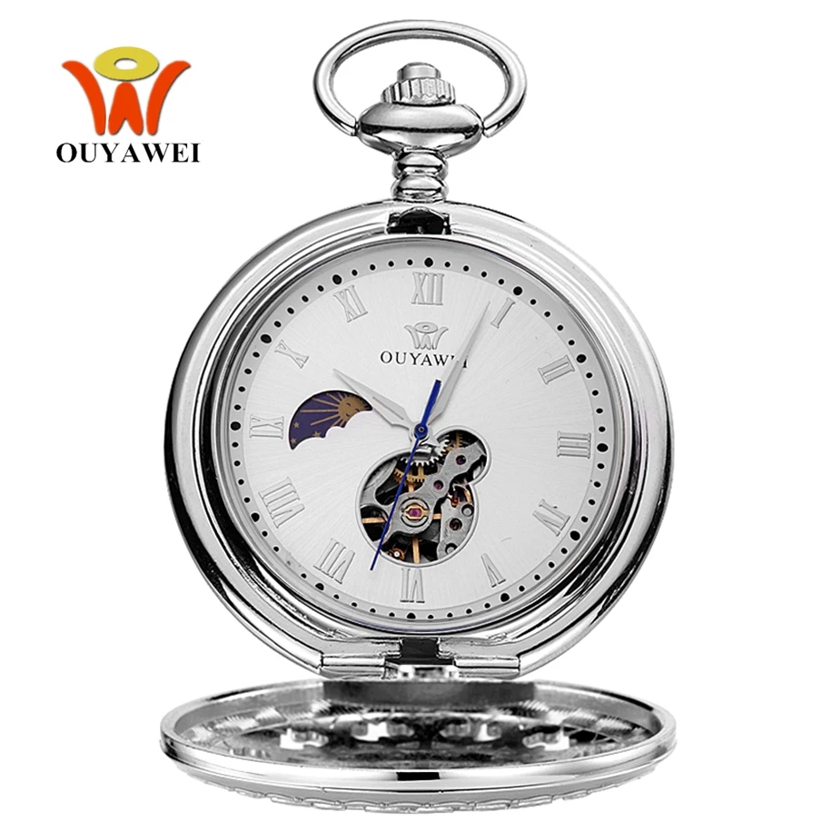 Luxury OYW Hand Winding Mechanical Silver Men Pocket Watch Skeleton Dial Steel necklace Chain Pendant Vintage Dress Fob Watches