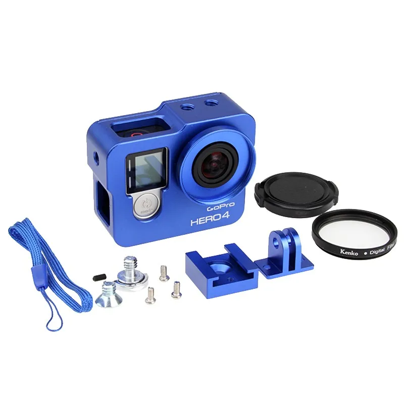 blue Gopro hero 4 3+ case Алюминий сплав защитный корпус чехла+ фильтр Лен для Gopro Go pro hero 4 hero 3+ камера аксессуары - Цвет: blue
