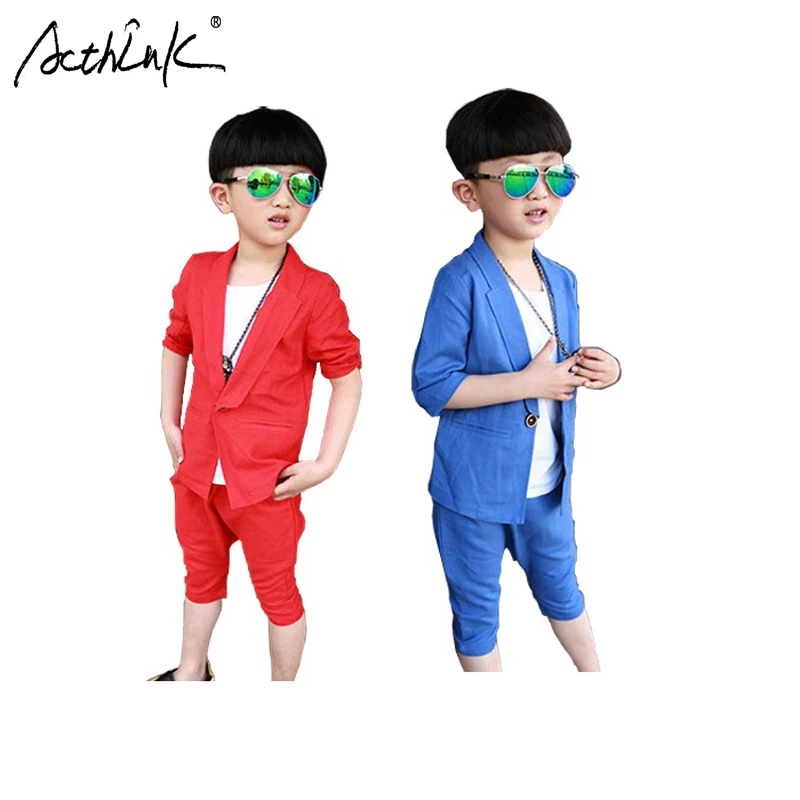 ActhInK New Boys Summer Linen Clothing Set Kids Formal Short Sleeve Blazer Suits Children Loose Shorts Solid Costume for | Детская
