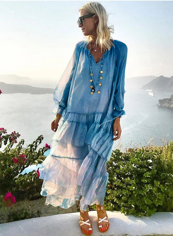 Воно хиппи шик прозрачными рюшами в стиле пэчворк Платье макси с длинным рукавом