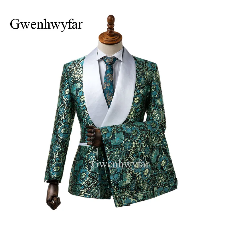 Gwenhwyfar, Новинка осени, Золотой лотос, цветок, жаккард, синий, зеленый, мужские смокинги, приталенный, для свадьбы, смокинги для жениха, костюмы, пиджак+ штаны - Цвет: blue green