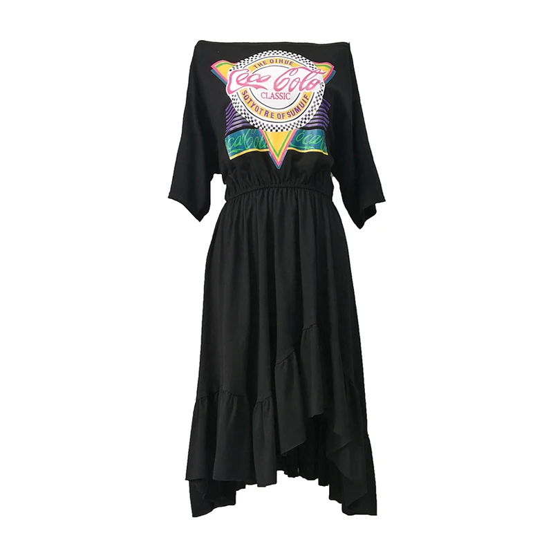 PERHAPS U black white purple slash neck flare ruffle half sleeve midi dress summer letter print asymmetrical Mermaid D1165 | Женская