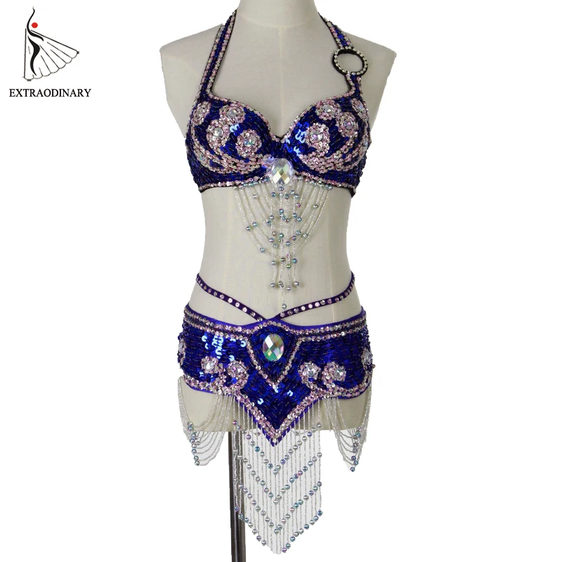 

New Women Belly Dance Costume Oriental Set Bra Belt Stage Performance Style Beaded Top Belt Hip Scarf Sequined Outfit 2pcs