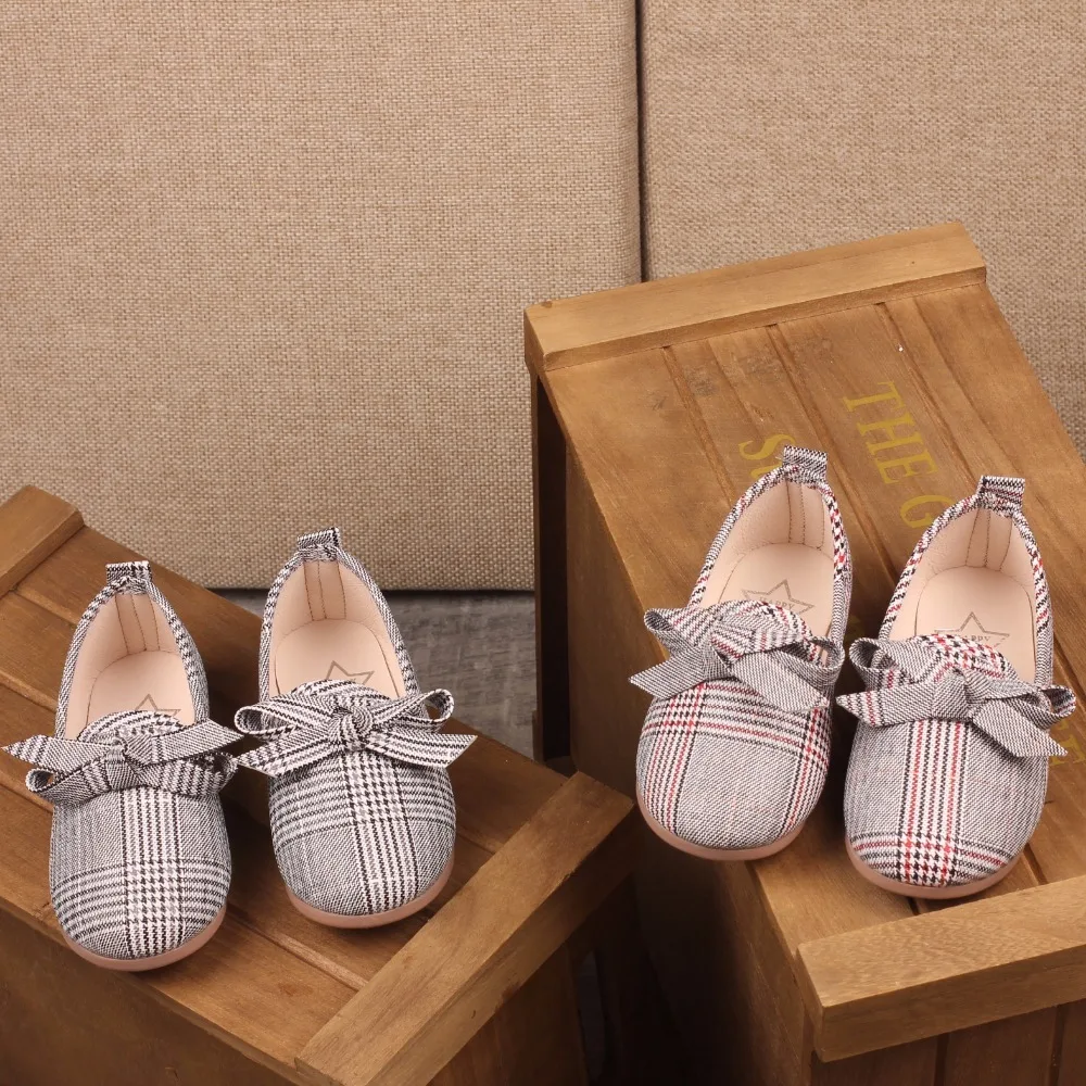 New Spring Autumn Girls Shoes All-match Kids Fashion Children Princess Lady With Bow-knot Flats Striped Grid | Детская одежда и