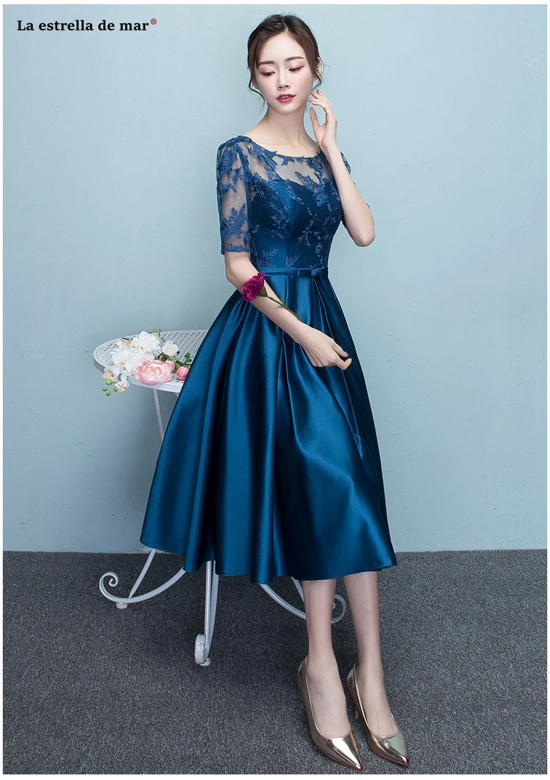 Vestido para madrinha новые кружевные и атласные платья для подружек невесты длиной до локтя темно-синего цвета красивые платья gaun pesta dewasa
