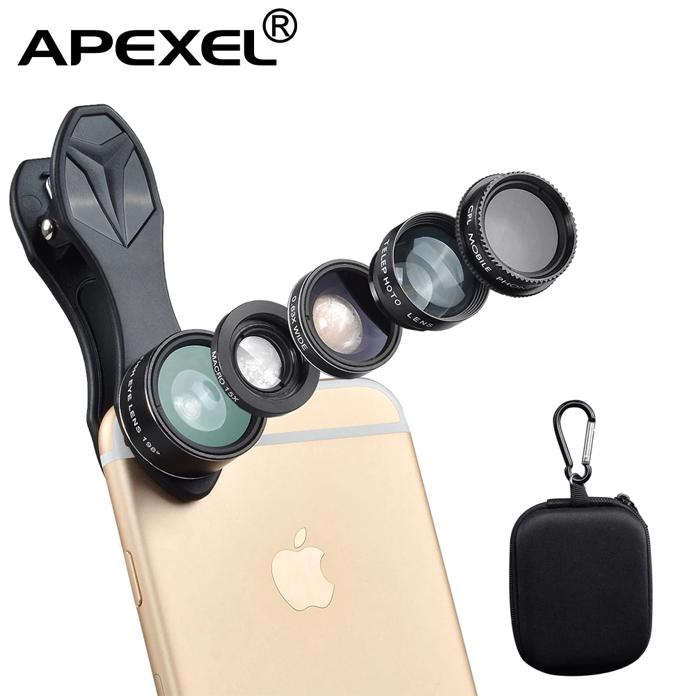 Apexel 5in1 телефон Объективы для фотоаппаратов комплект 2x телефото Lentes рыбий глаз