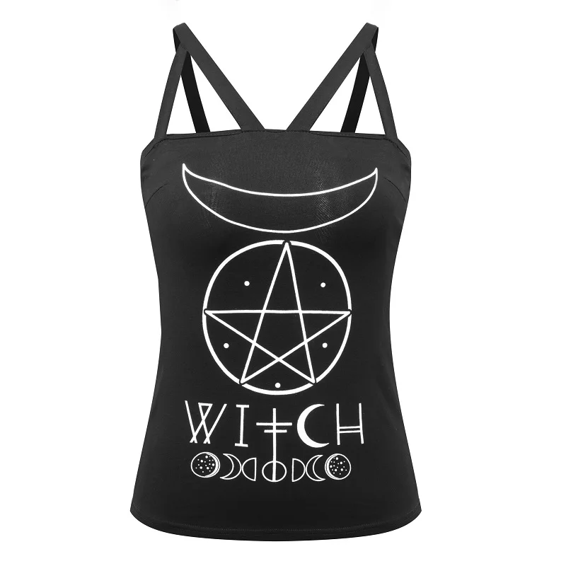 Женский хлопковый топ на бретельках черный готический с надписью WITCH символ Луны