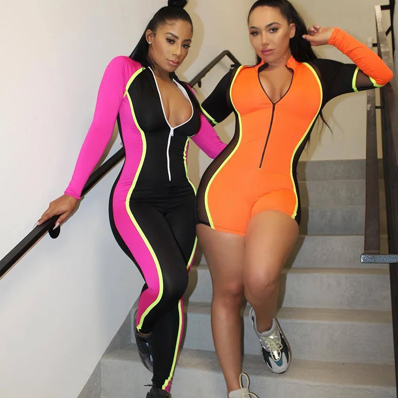 

Contrast Color Sexy Skinny Sporting Jumpsuit Womens Long Sleeve Zipper V-Neck Bodycon Rompers Casual Fitness Patchwork Overalls