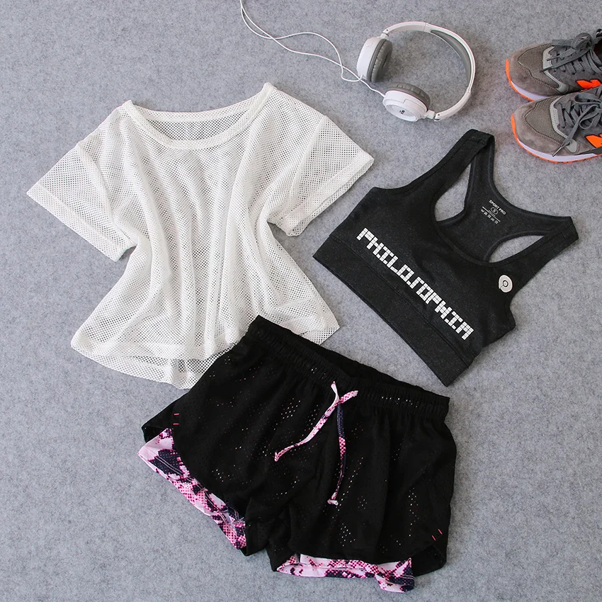 LUKITAS Fitness Women Elastic Waist Breathable Jogging Yoga Gym Badminton Exercise Bra+Short+Tshirt Workout Three Piece Suits
