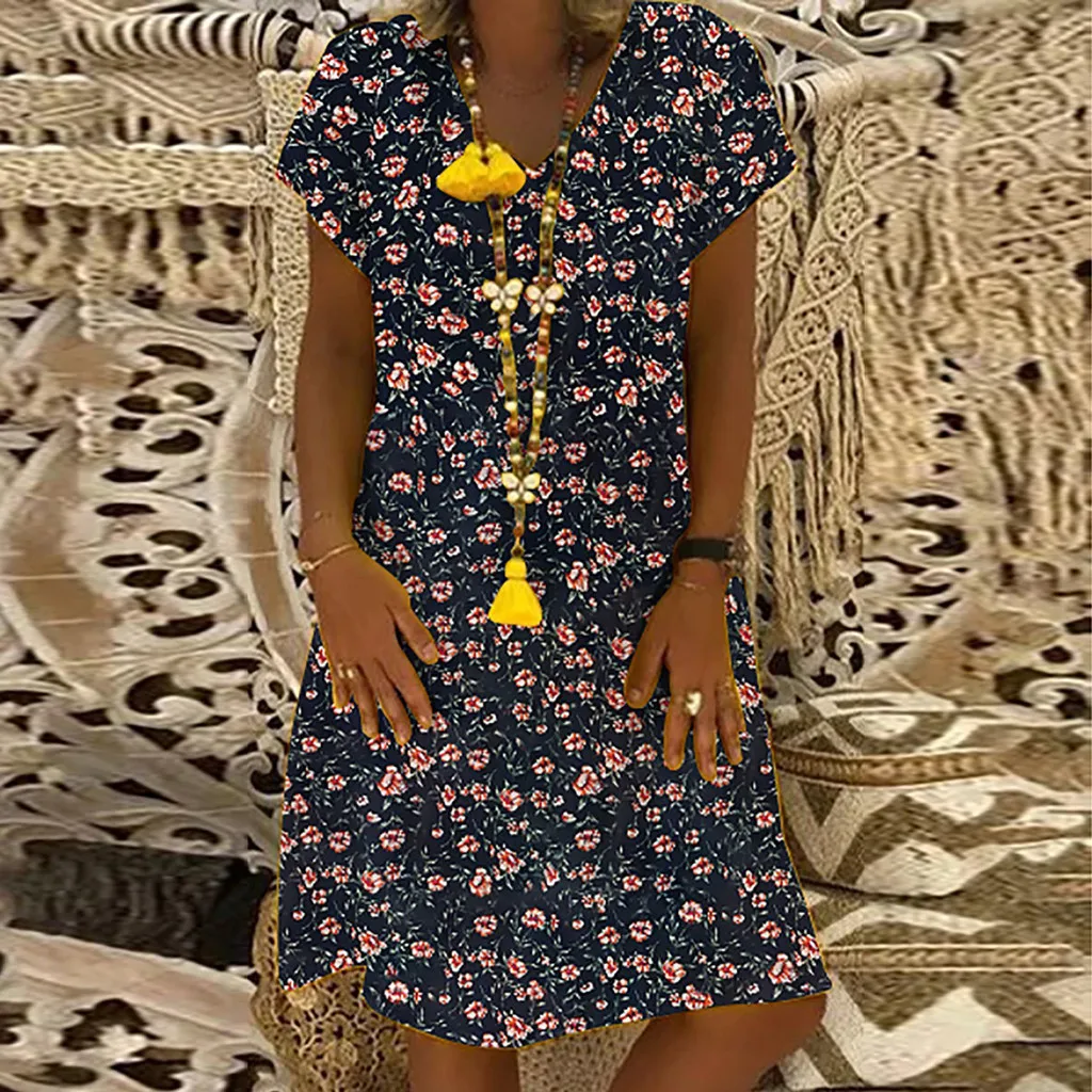 Женское винтажное летнее платье с цветочным принтом v образным вырезом и