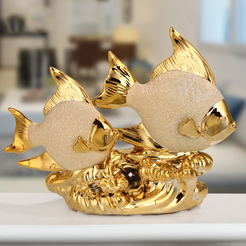 

High Quality European style ceramic Gold-plated Fish living Room Decoration Home Furnishing installed Creative Gift Lovers