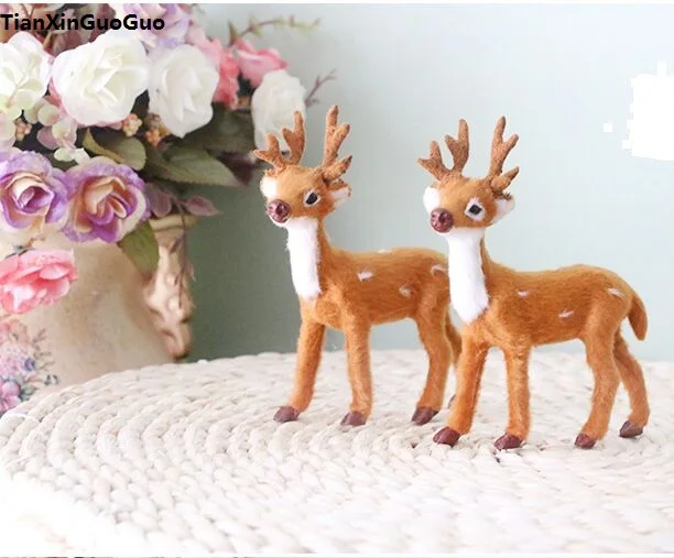 

simulation sika deer hard model polyethylene&furs 2pcs small standing deers about 9x11cm,craft prop,home decoration gift s1372