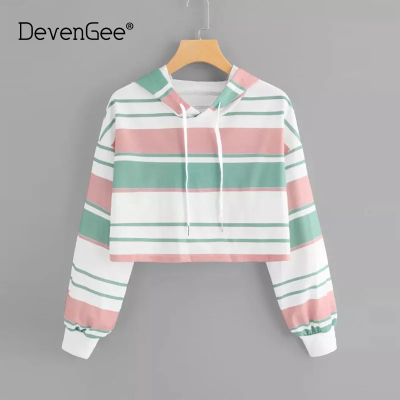 DevenGee 2019 Весна каваи Толстовки с капюшоном Для женщин в полоску длинным рукавом