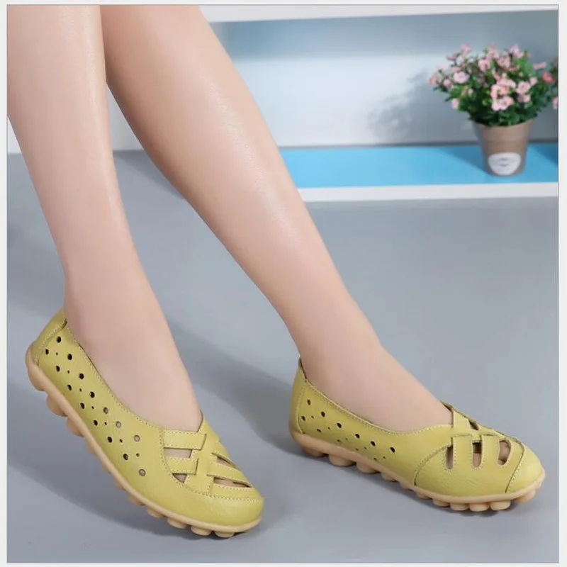 2021 Summer New Fashion Round Toe Women Flats Genuine Leather Loafers Shoes Cut-outs Leisure Flat Woman Casual Shoes