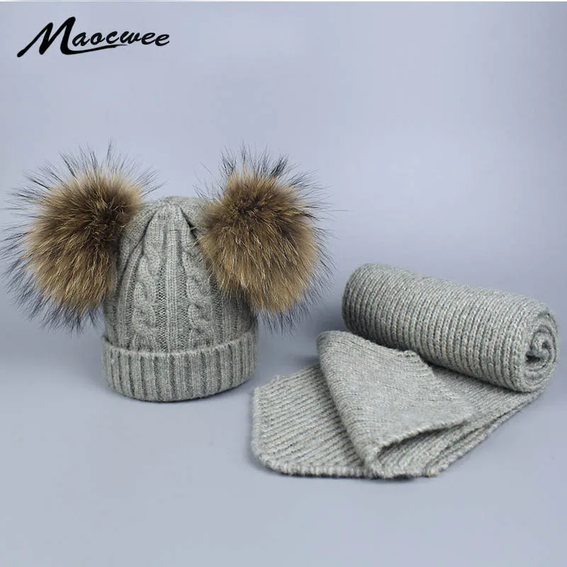 Милая зимняя детская вязаная шапка и шарф с двумя меховыми помпонами для девочек