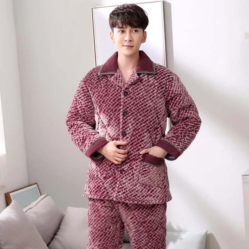 Зимняя трехслойная стеганая Пижама теплые мужские пижамные комплекты из толстой