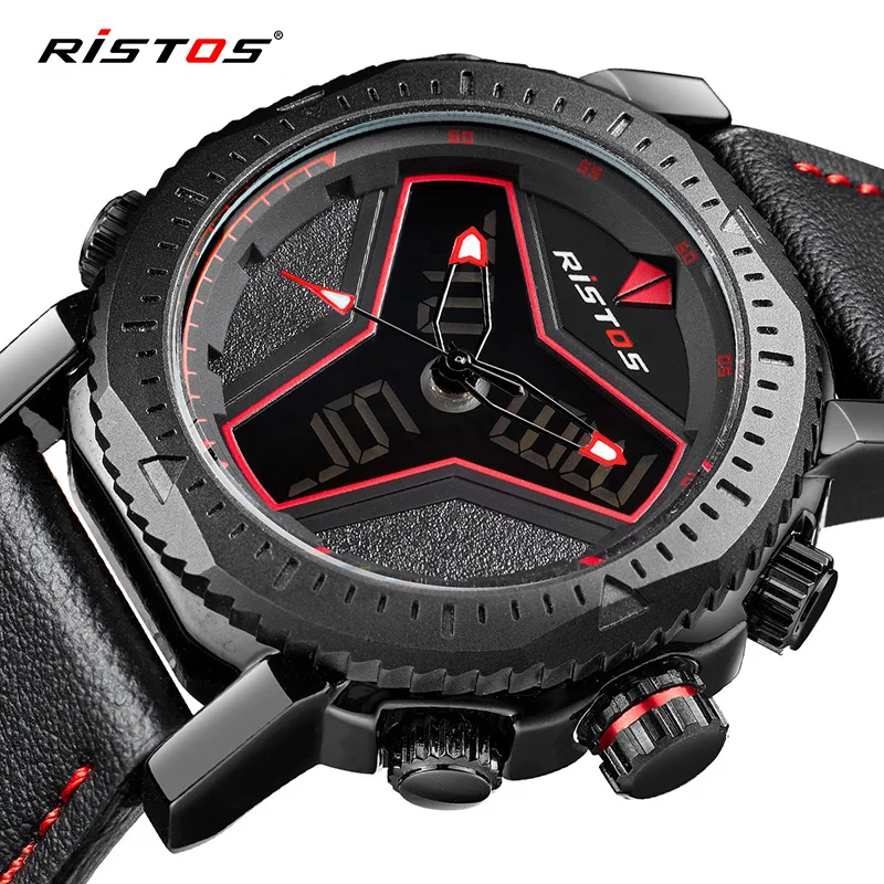 

Ristos Multifunction Leather Watches Men Fashion Sport Quartz Watch Reloj Masculino Hombre Digital Analog Led Wristwatch 9341