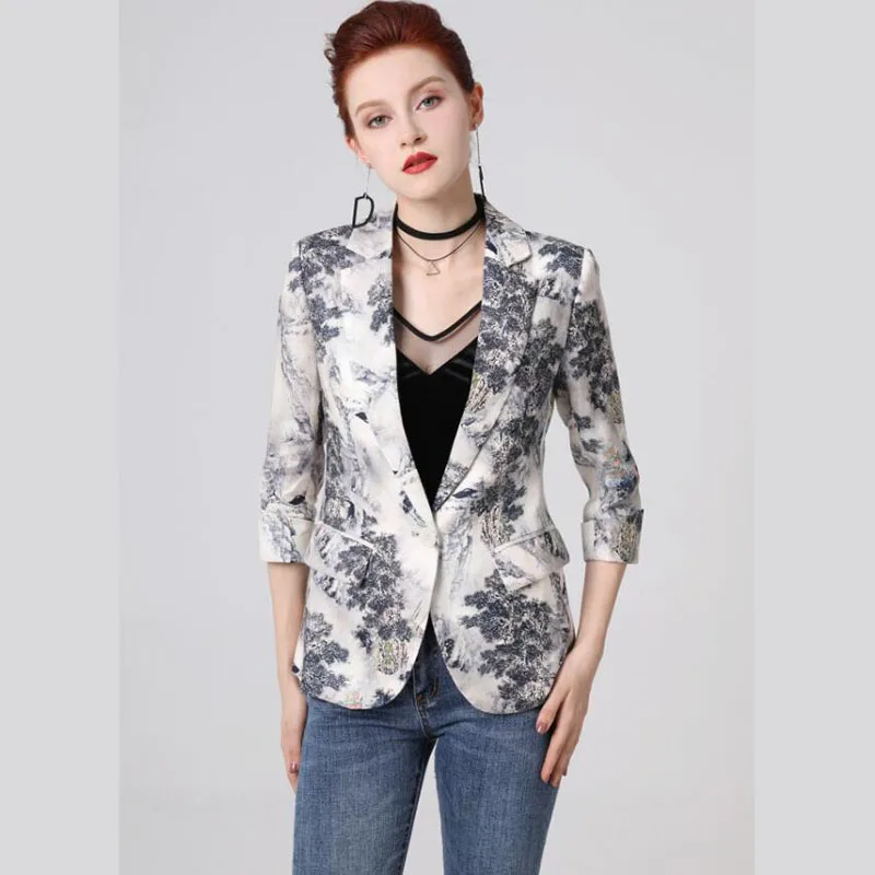 Elegant Blazer Feminino 2020 High Quality Runway Designer Women Notched Ink Painting Printed Blazer Jacket  Outerwear NPB006S