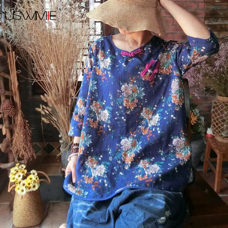 

USWMIE 2020 Summer Shirt Women Literature Casual Long Sleeves O-neck Blouse Oblique Button Loose Comfort Joker Shivering Tops