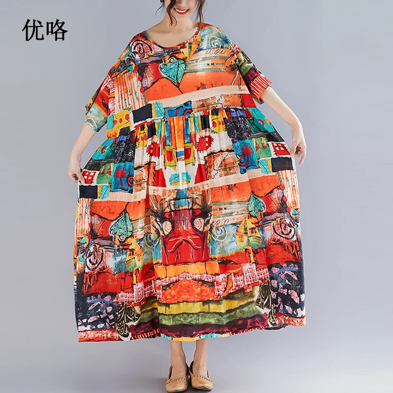 Женский винтажный сарафан в стиле бохо размера плюс летнее свободное платье