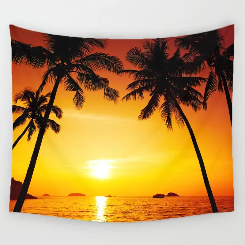 Comwarm Cozy Sunset Coastal Natural Scenery Wall Hanging Gobelin Mural Coconut Tree Printed Polyester Tapestry Bedroom Decor Art | Дом и сад