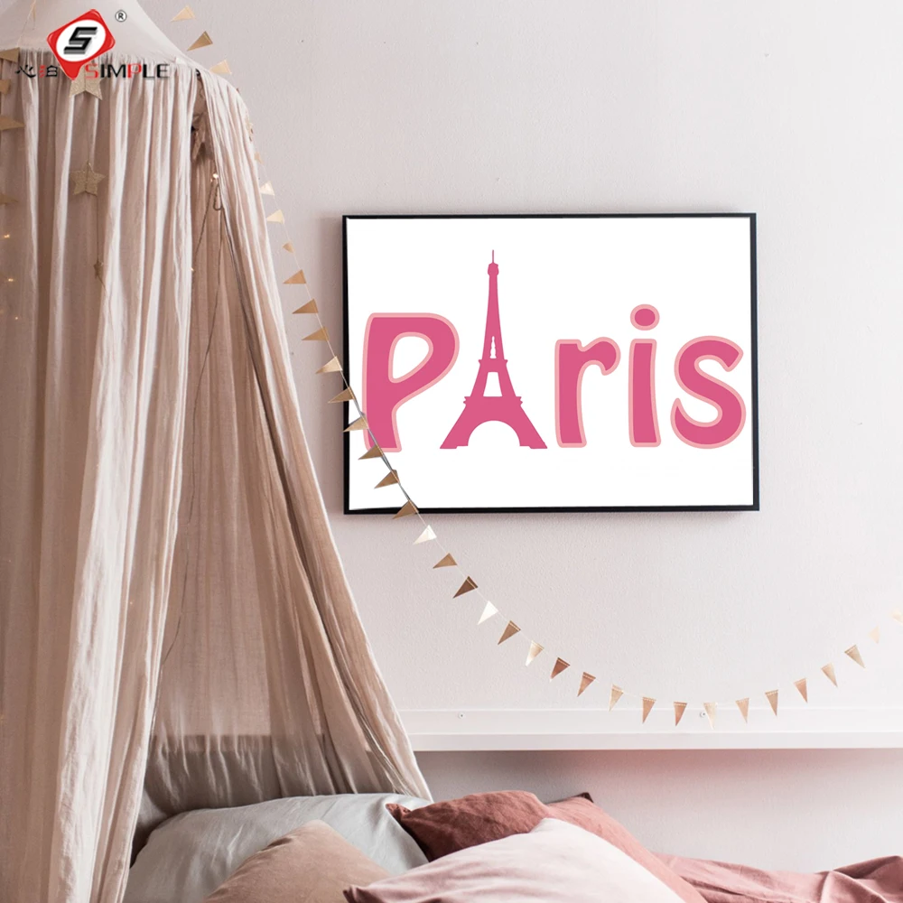 

Simple Pink Letter Paris Canvas Painting Paris Tower Shape Posters Wall Pictures for Living Room Home Decor Unframed