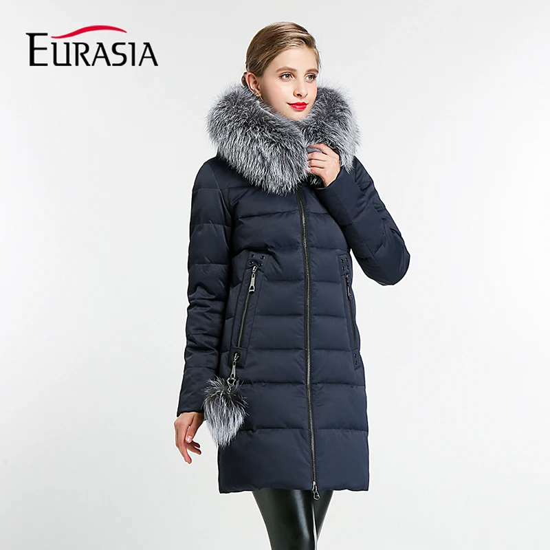 Женская зимняя куртка с капюшоном EURASIA, длинная куртка в новом дизайне с капюшоном, плотная хлопковая парка, стильные голубые куртки с воротником из натурального меха, Y170016, зима