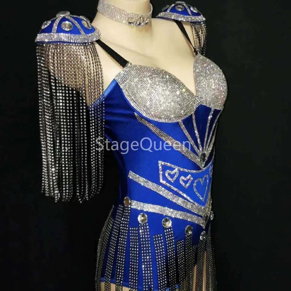 Shining 4 Colors Crystals Epaulet Leotard Sexy Dance Sparkly Tassel Outfit Celebrate Bodysuit Costume Stage Singer Dance Wear