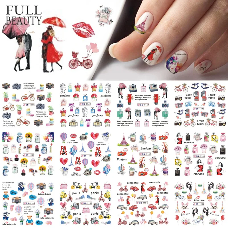 12 Types Watercolor Romantic Slider Nail Sticker Lover Tower Perfume Flower Transfer Water Design Manicure Tips CHBN1141 1152 1|Стикеры и